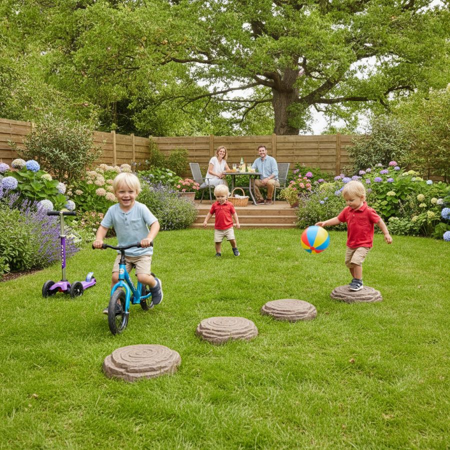 Children play with a ball, scooter, and balance bike on a bright garden lawn while an adult watches nearby.