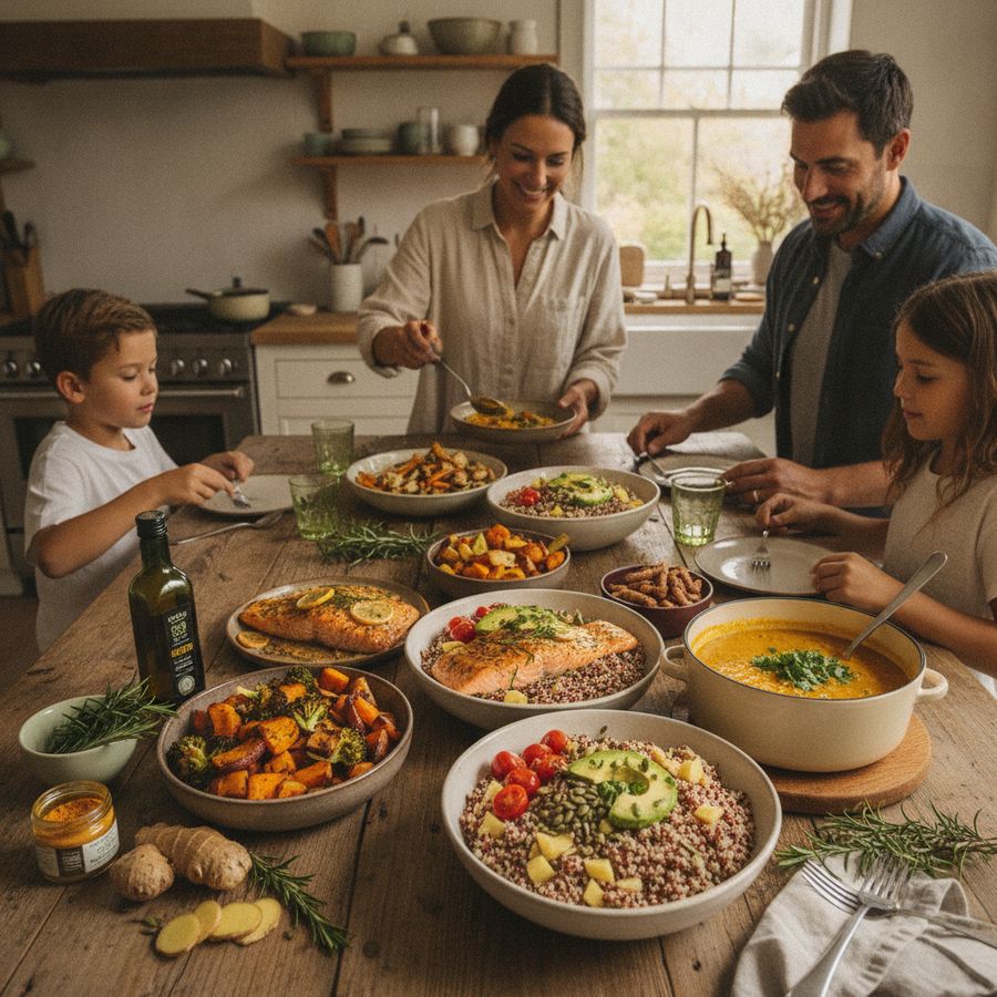 Healthy anti-inflammatory dinners arranged on a table for a busy weeknight meal