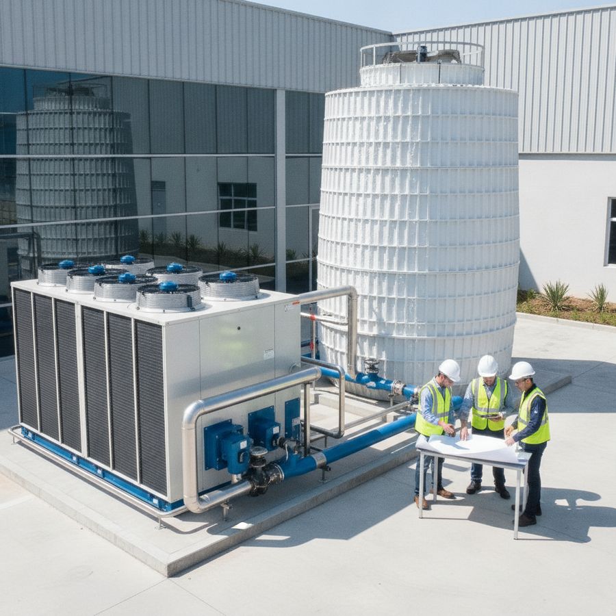 Engineers inspect a chiller and cooling tower beside industrial piping in bright daylight.
