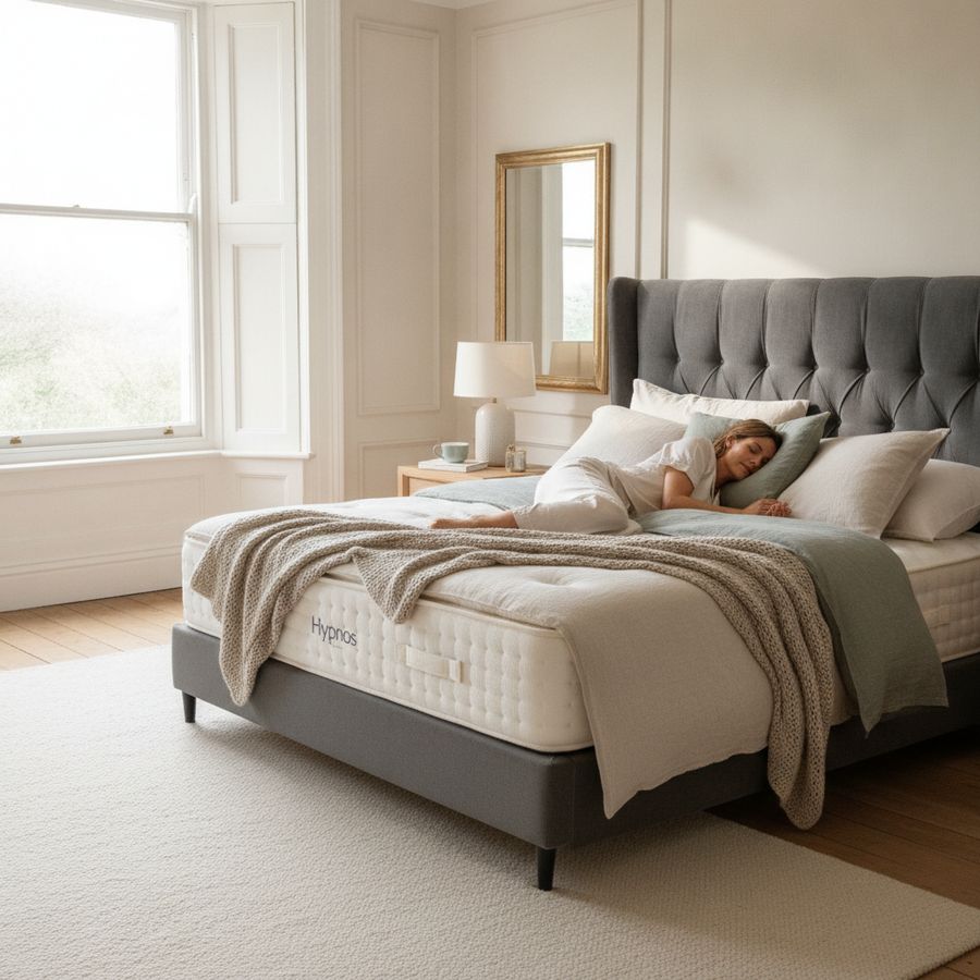 Adult sleeping on their side on a well-made bed in a bright, calm bedroom.