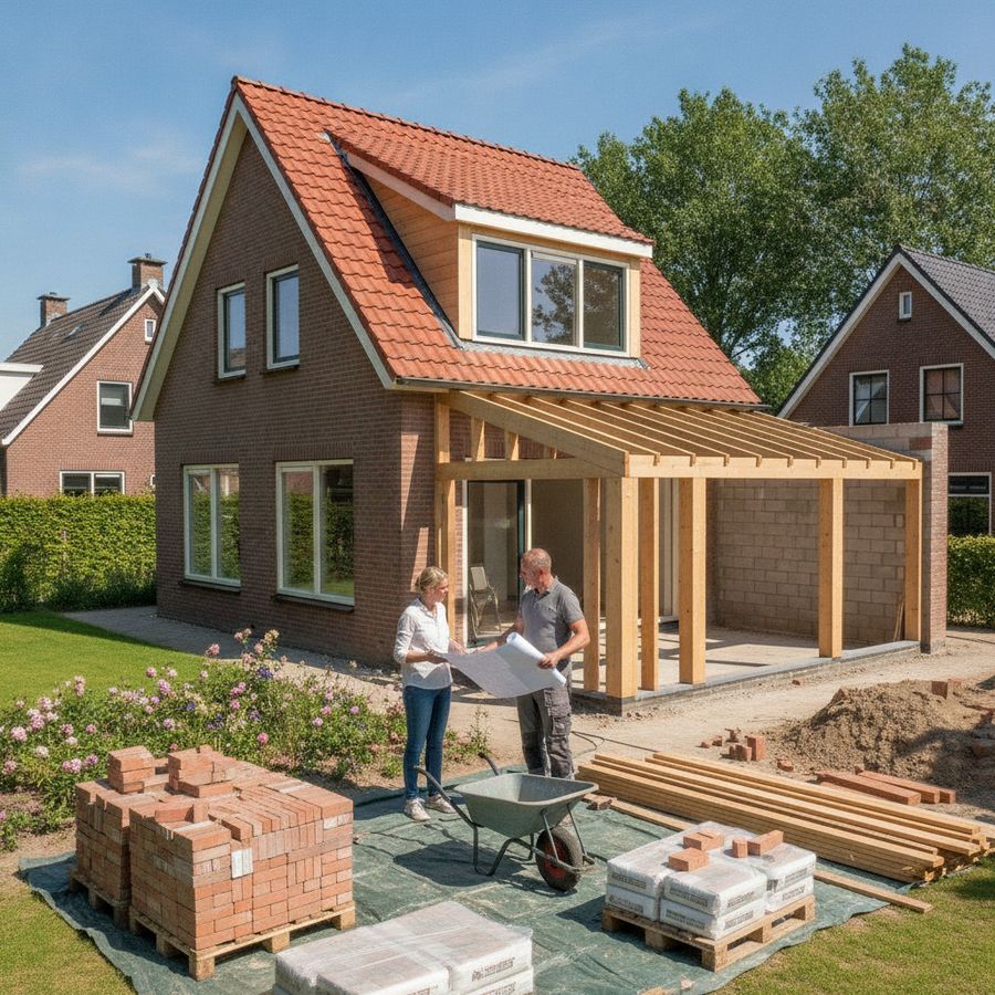 Woning met nieuwe uitbouw en dakkapel terwijl eigenaar en aannemer buiten overleggen.