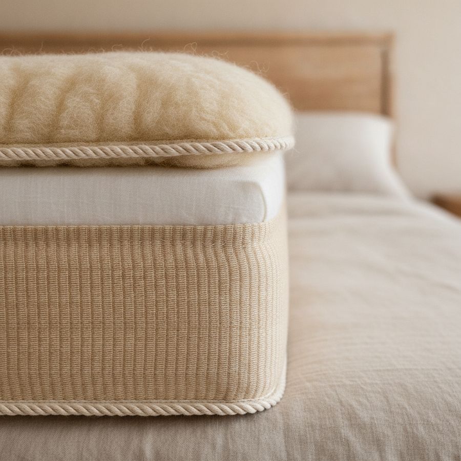 Close view of layered natural fibres on a premium bed, showing soft wool, cotton and cashmere textures.