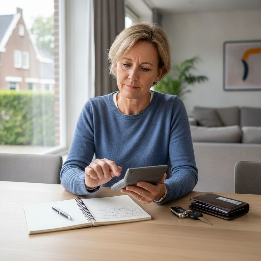 Een bestuurder rekent aan kosten met calculator, autosleutels en notitieboek op een lichte tafel.