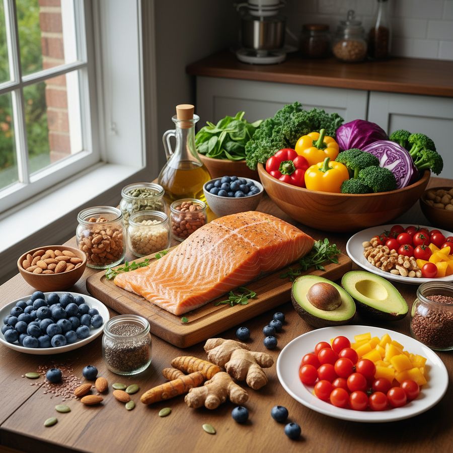 A table of anti-inflammatory foods including salmon, berries, greens, turmeric, and olive oil