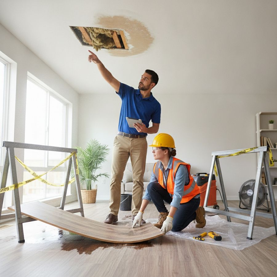 Property manager and contractor inspect water damage inside a well-lit rented home.