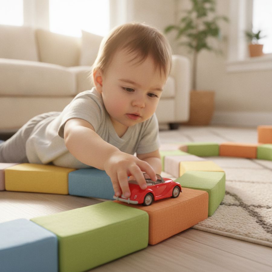 Pieni lapsi ohjaa leluautoa palikoista tehdyn radan läpi valoisassa olohuoneessa.