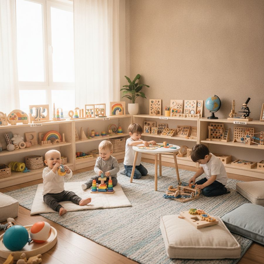 Bambini di età diverse giocano con materiali educativi in una stanza luminosa e ordinata.