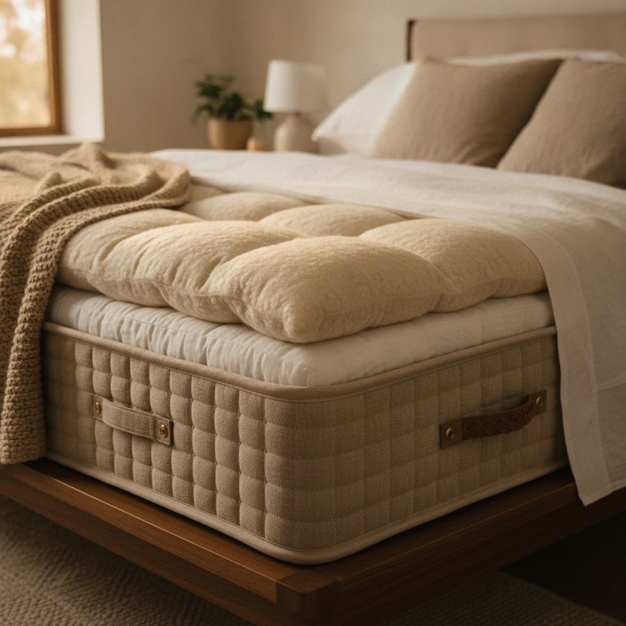 Close view of a luxury mattress with layered natural fibre textures in a bright, elegant bedroom.