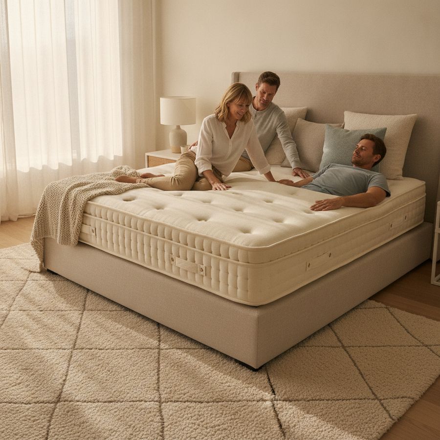 Couple testing different mattress feels in a bright bedroom with a calm, premium atmosphere.