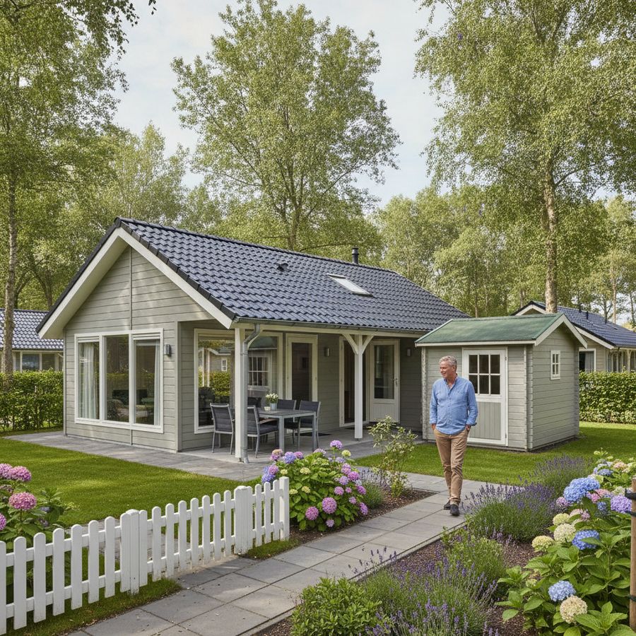 Dutch chalet with veranda, shed and fencing on a bright day, with an owner checking the exterior.