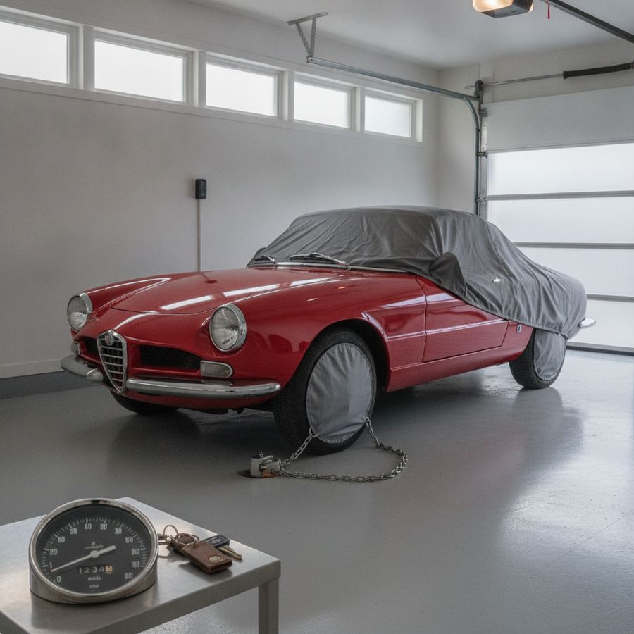 A restored classic car sits in a secure tidy garage with soft daylight and keys nearby.