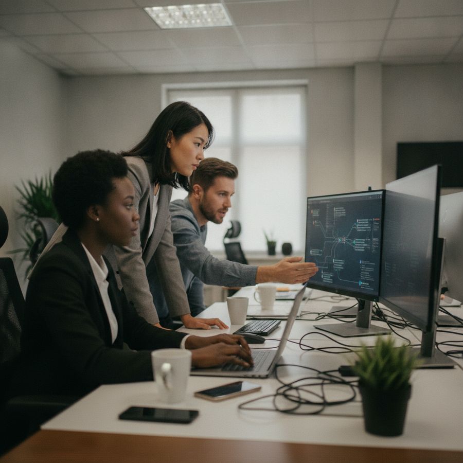 Business owner and two IT specialists respond to a cyber issue in a bright office with monitors and laptops.