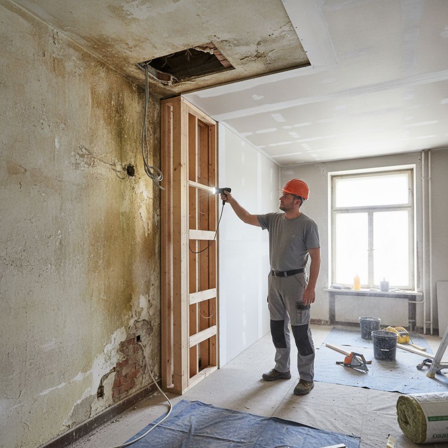 Beschadigde bestaande muur en plafond naast nieuw werk in een helder verlicht renovatiepand.