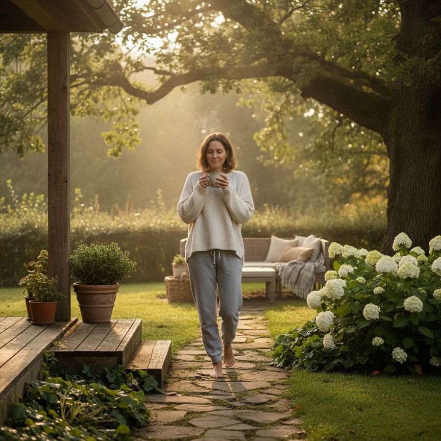 Simple morning routine of stepping outside in natural sunlight with tea