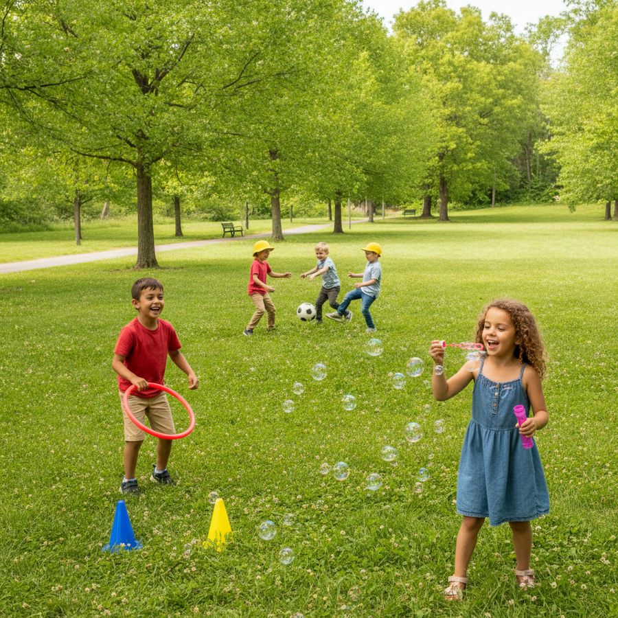 Barn har det gøy i en park med såpebobler, ringspill og balllek på grønt gress i sollys.