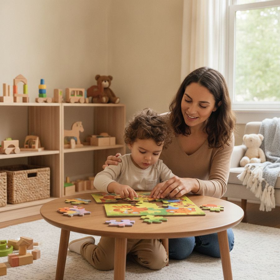 Bambino al tavolino compone un puzzle colorato con un adulto vicino in una stanza luminosa.
