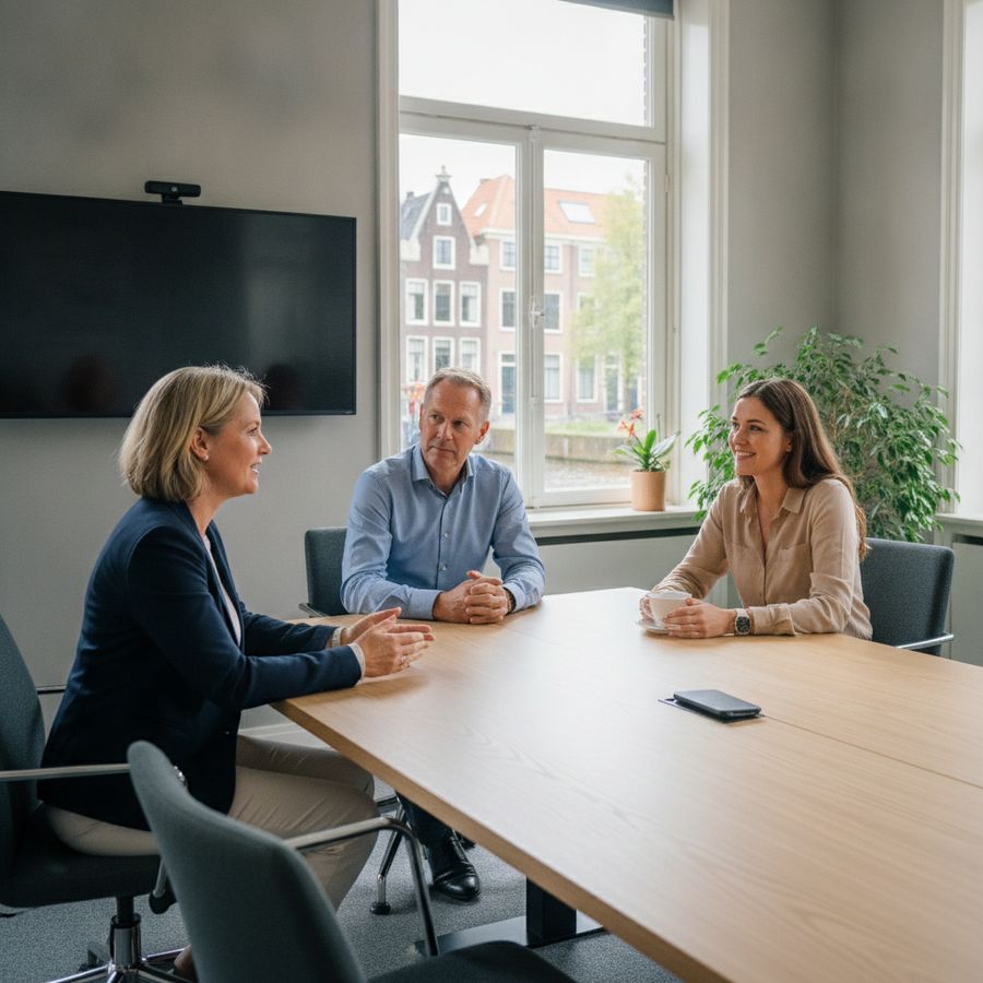 Adviseur, manager en medewerker overleggen in een heldere vergaderruimte met rustige sfeer.