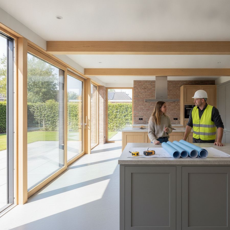 Bewoner en aannemer bespreken renovatieplannen in een lichte uitgebouwde woning met nieuwe keuken.