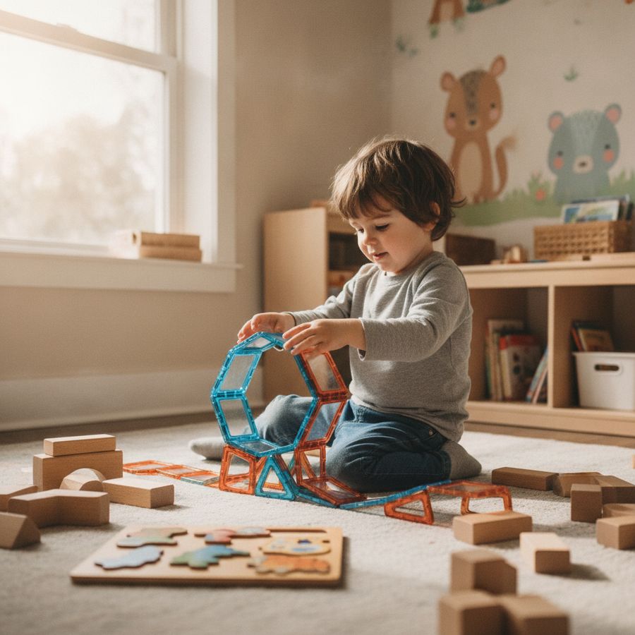 Bambino in età prescolare costruisce con pista magnetica e blocchi in un ambiente chiaro.