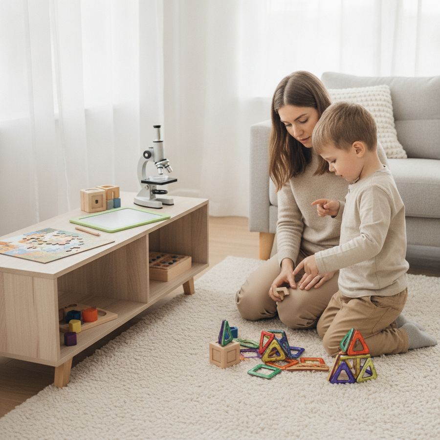 Rodzic i dziecko wybierają spośród klocków, puzzli i zabawek kreatywnych w jasnym pokoju.