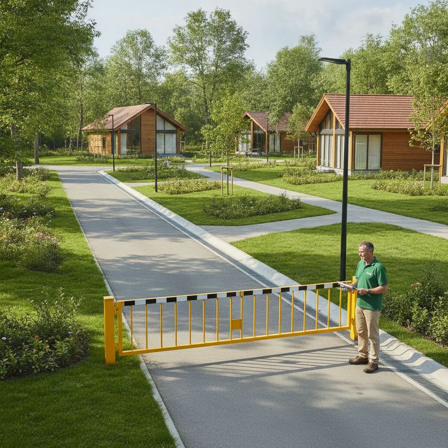 Beheerder controleert een net recreatiepark met slagboom, verlichting en chalets op de achtergrond.