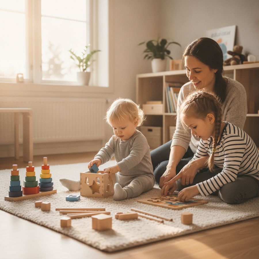 Kaksi lasta leikkii opetusta tukevilla leluilla valoisassa kodin leikkitilassa vanhemman seuratessa vieressä.