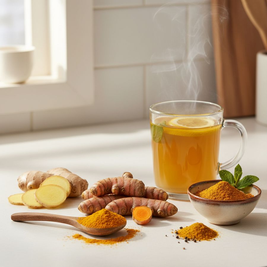 Fresh turmeric and ginger arranged with a warm anti-inflammatory drink on a kitchen counter
