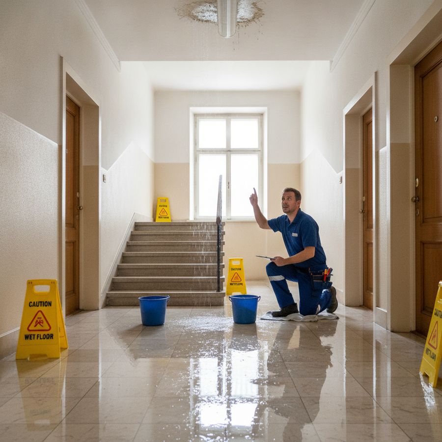 Wet shared hallway with a small ceiling leak as a building manager inspects the stairwell.