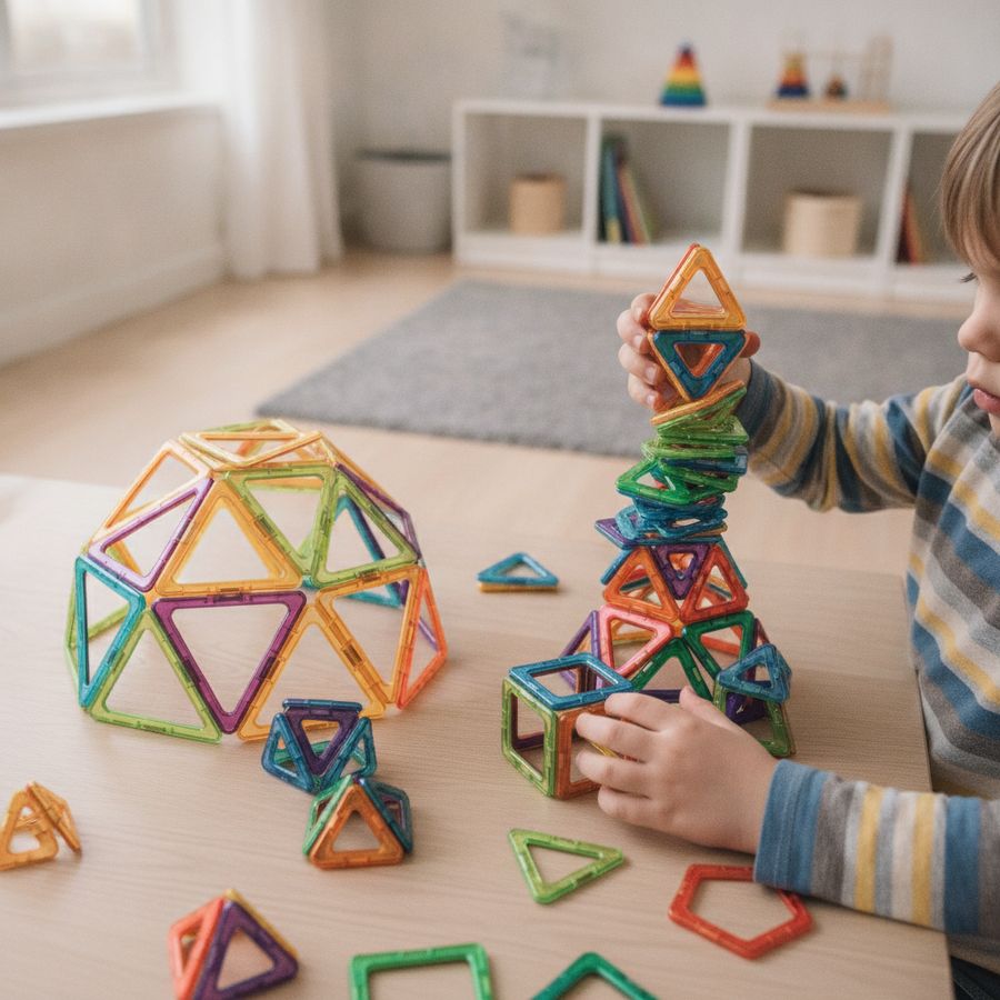 Barnhänder bygger färgglada 3D-former av magnetplattor på ett bord i dagsljus.