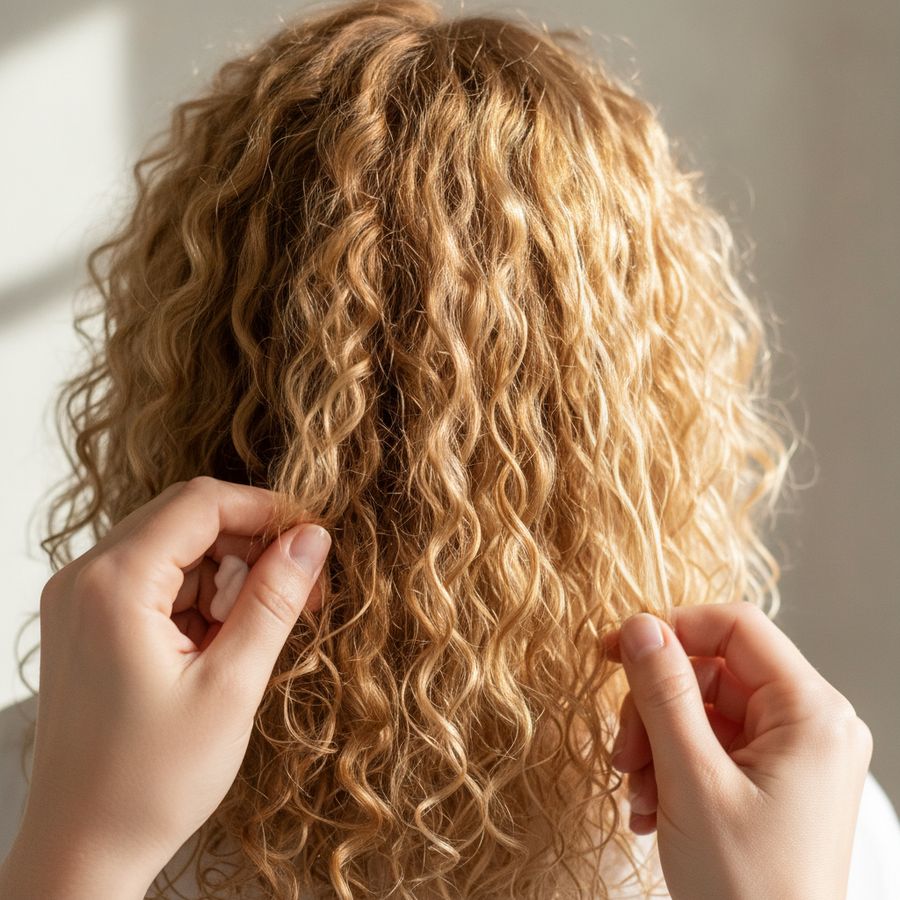 Nat krullend haar is in twee delen verdeeld terwijl handen product aanbrengen voor vergelijking.