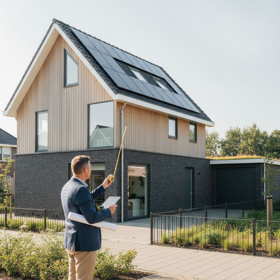 Persoon meet woning op met tablet en meetlint bij een goed verlichte vrijstaande woning.