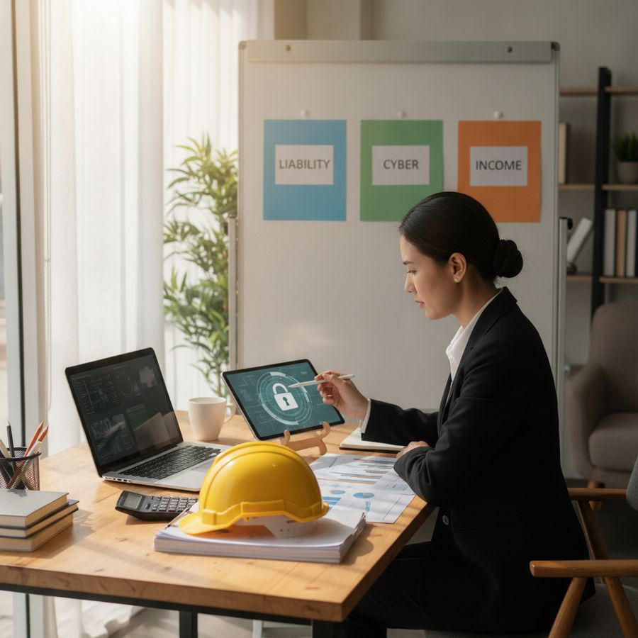 Business owner reviews risks at a desk with a laptop, hard hat, paperwork, and a bright office setting.