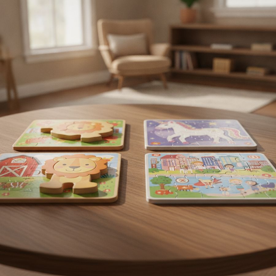 Tavolo luminoso con puzzle di legno e di cartone disposti ordinatamente, con pezzi grandi e colorati.