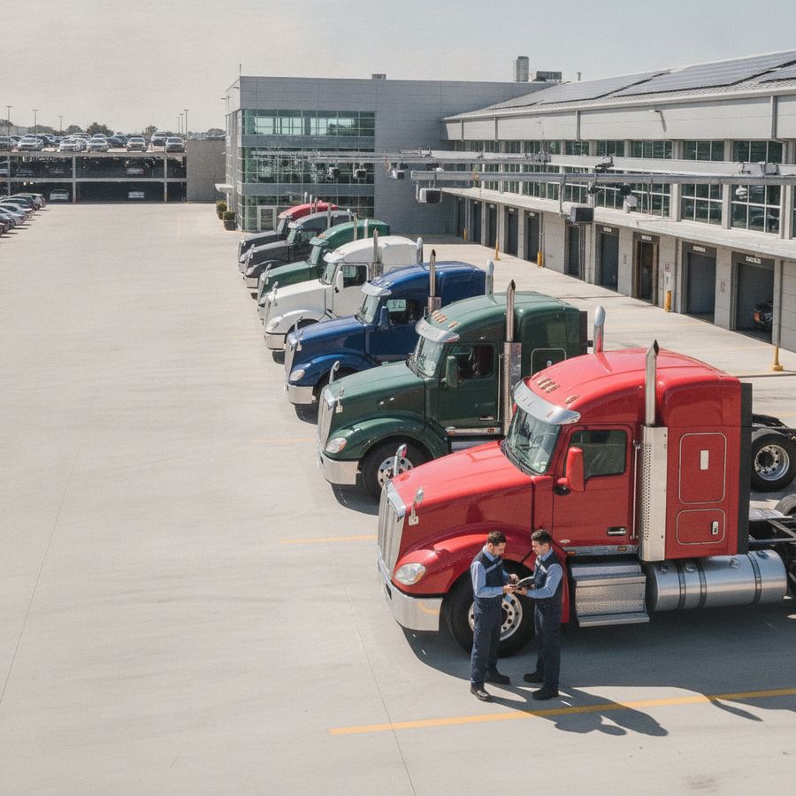 Several commercial trucks stand in a depot while a manager inspects the fleet with a tablet.