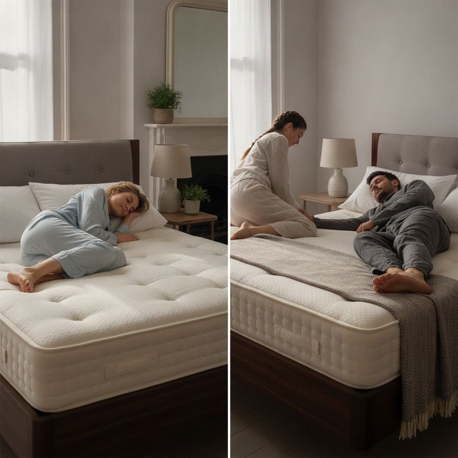 Well-lit bedroom with sleepers in side and back positions on a premium mattress with gentle body contouring.