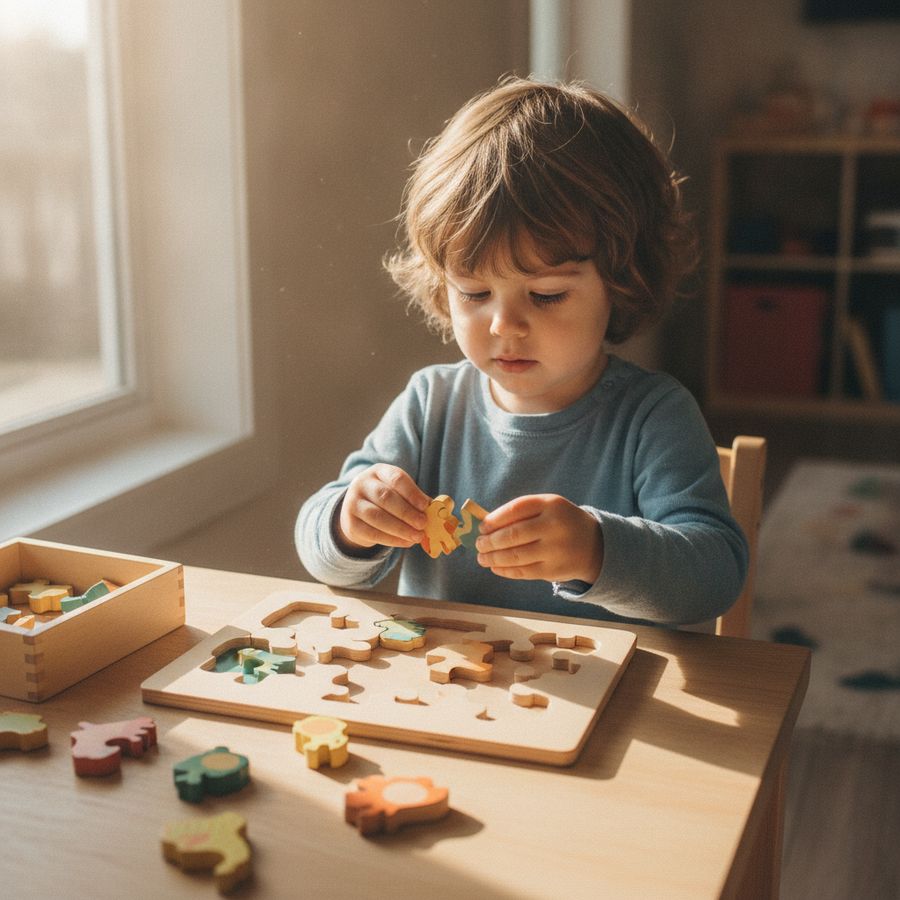 Bambino concentrato davanti a un puzzle di legno su un tavolino, con pochi pezzi sparsi e luce naturale.