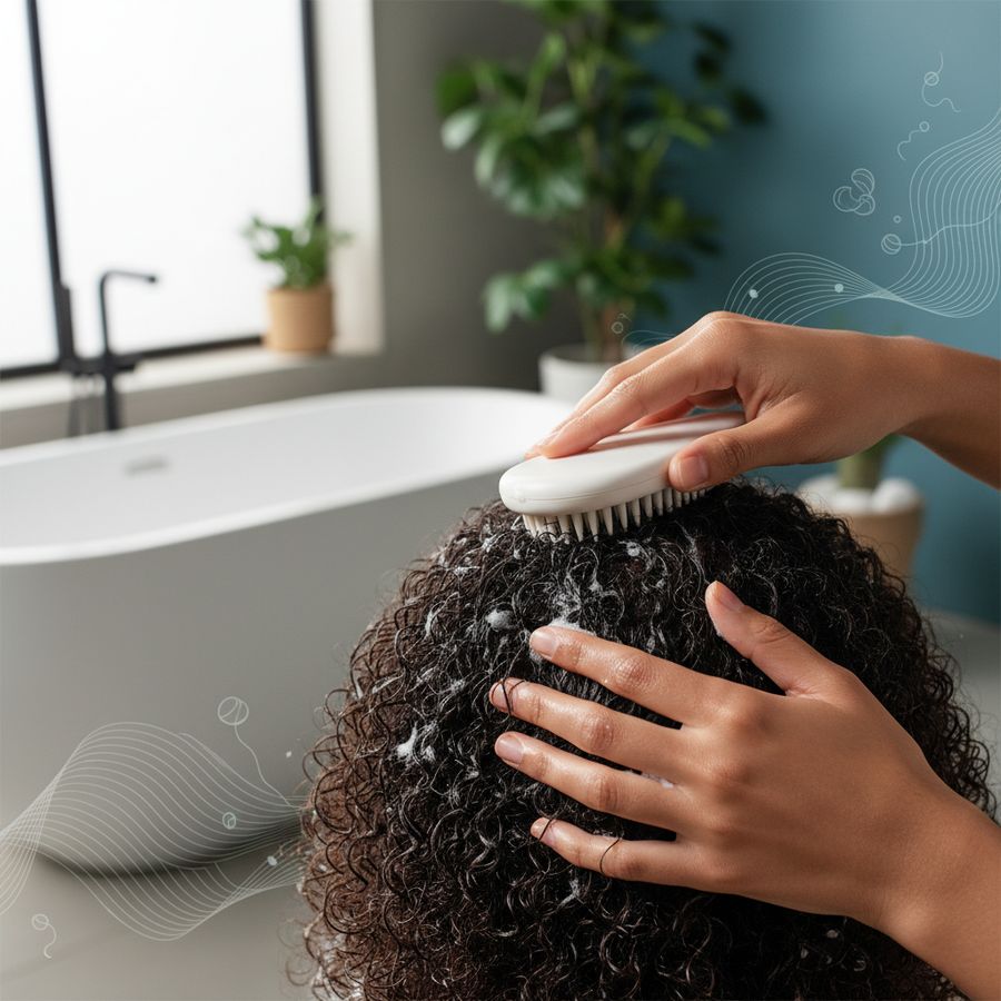 Scalp brush in gebruik bij nat krullend en kroezend haar in secties