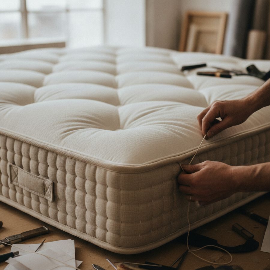 Skilled hands work on tufting and side stitching along the edge of a luxury mattress.