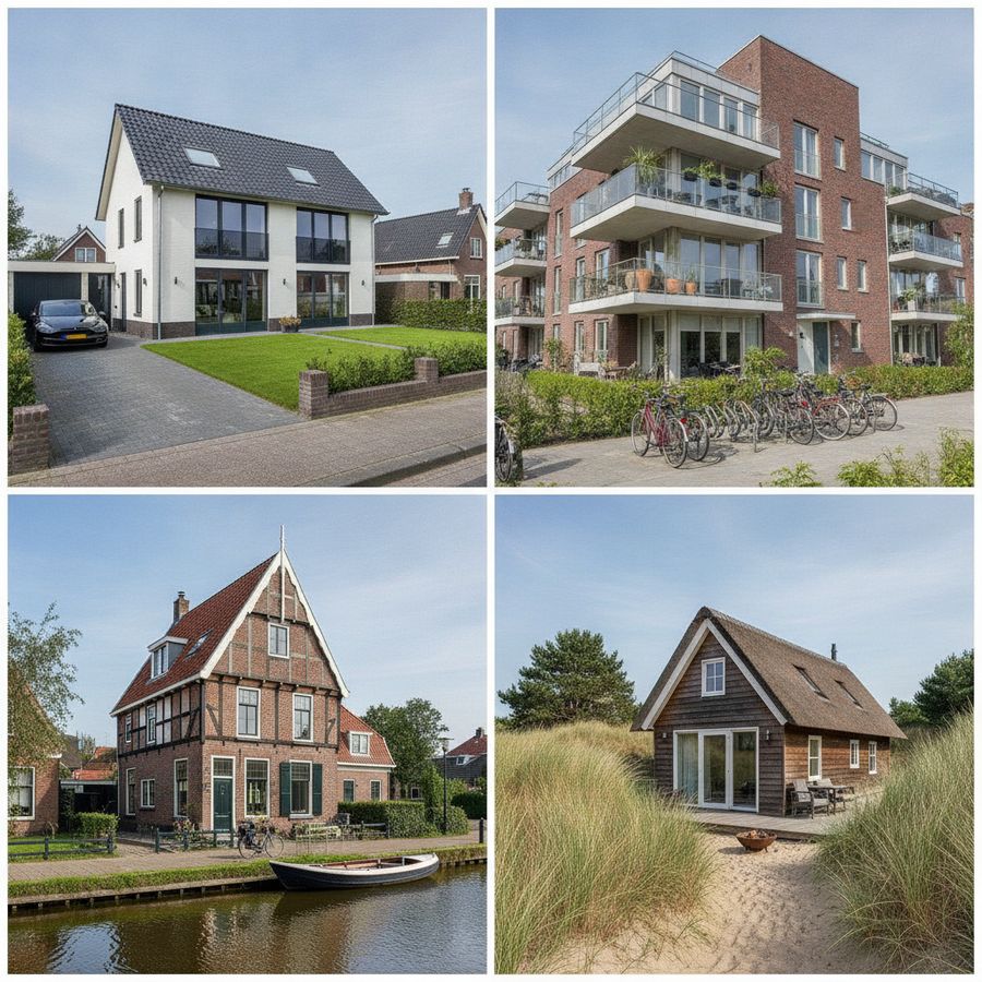 Straatbeeld met vrijstaand huis, appartementencomplex, historisch pand en recreatiewoning bij daglicht.