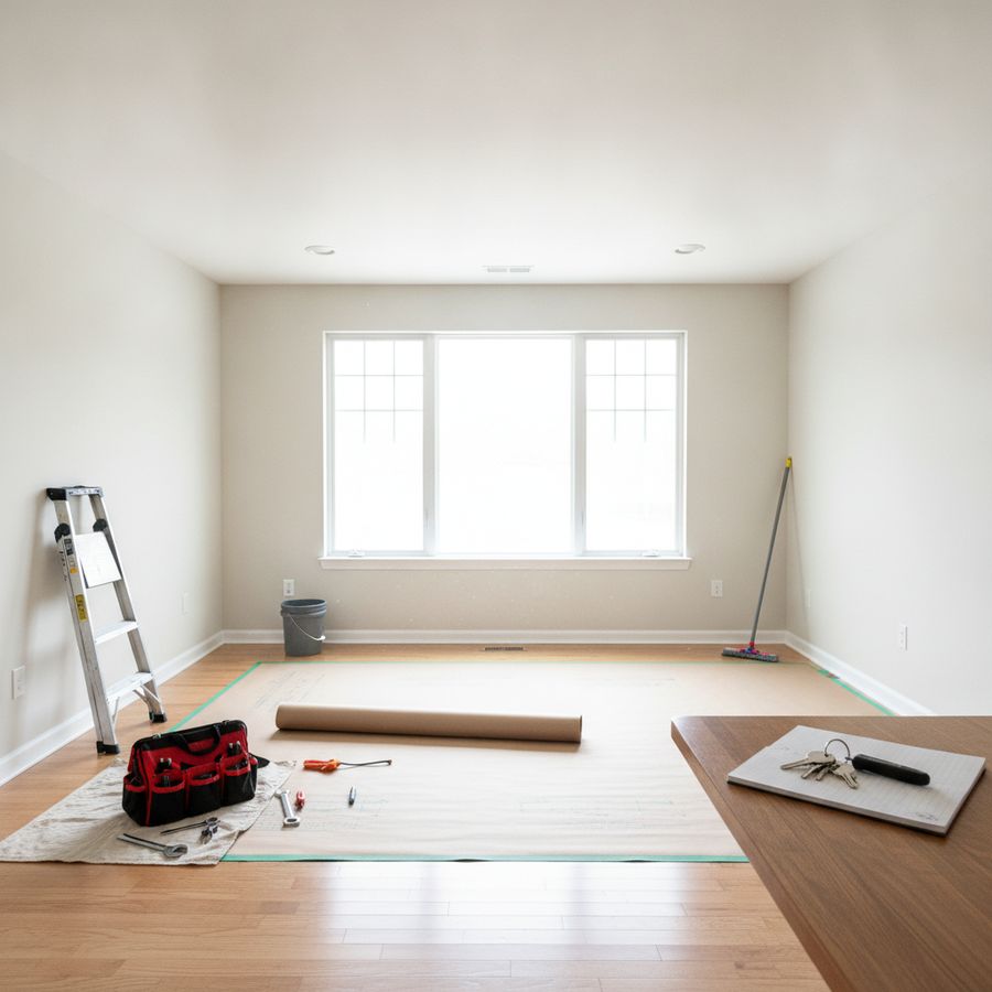 Empty rental living room with sunlight, a ladder, tools, and keys during a turnover period.