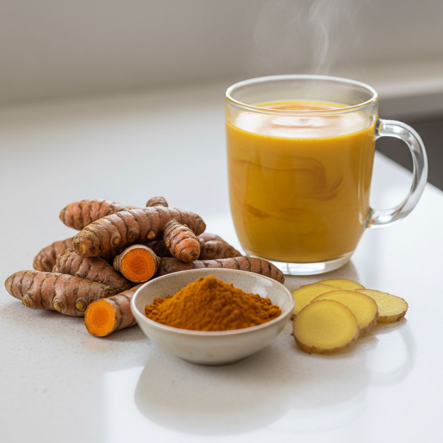 Fresh turmeric and ginger with a golden anti-inflammatory drink on a kitchen counter