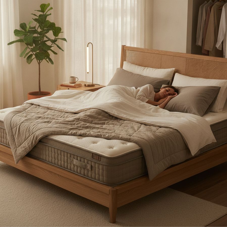 Adult resting comfortably on a neatly dressed mattress in a bright, calm bedroom.