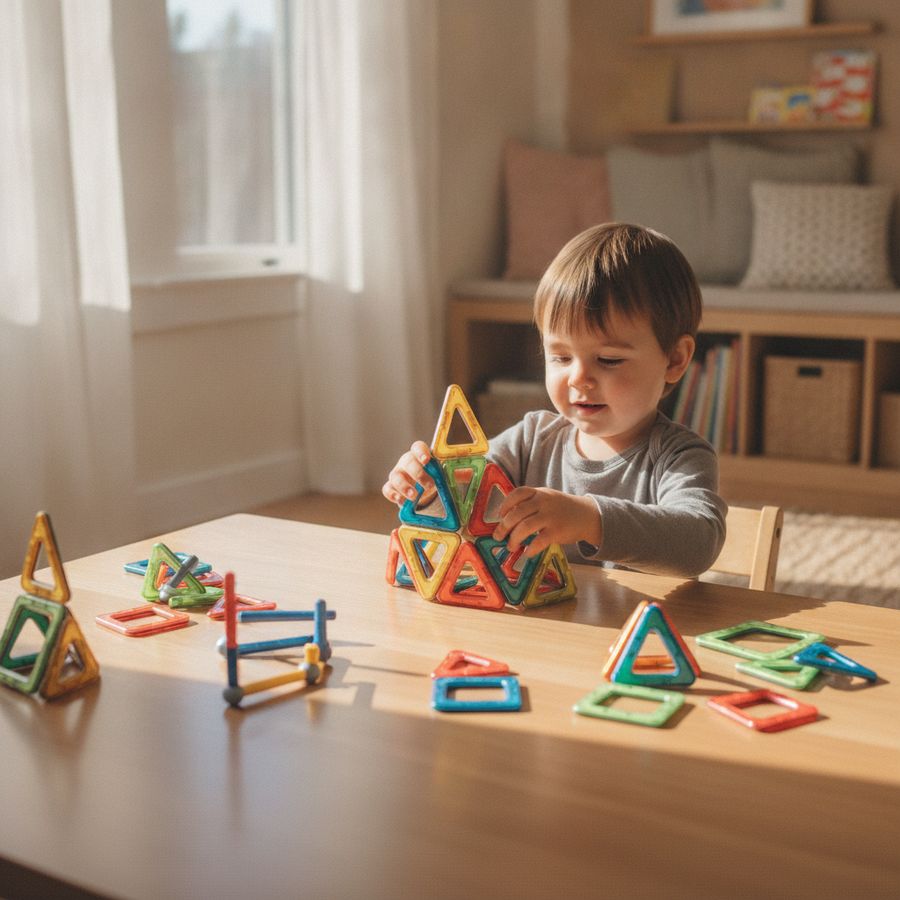 Bambino al tavolo luminoso mentre costruisce con tessere magnetiche colorate in una stanza accogliente.