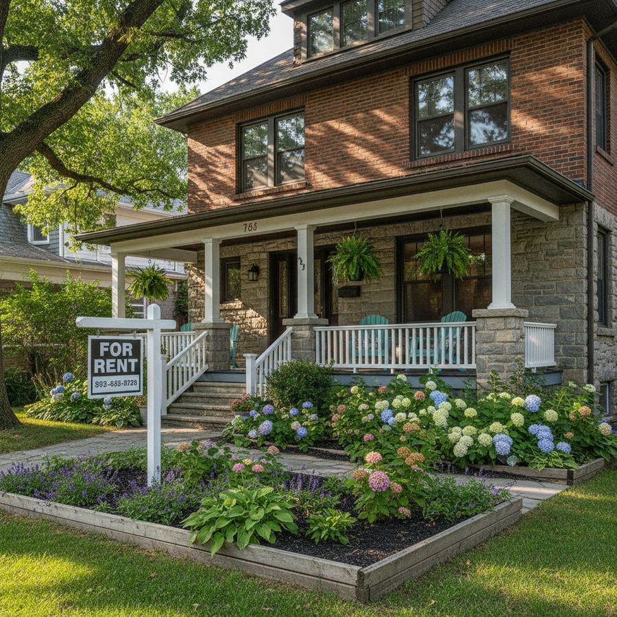 A brick house with a covered front porch, a "For Rent" sign on the lawn, and blooming hydrangeas in the front yard.